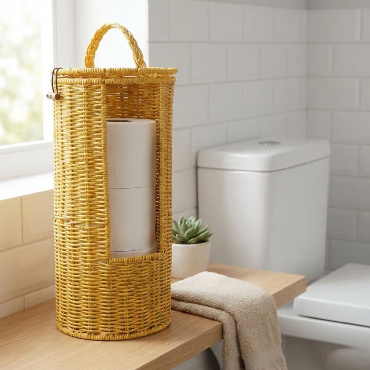 Roichil® Askılı Plastik Rattan Tuvalet Kâğıdı Standı – Hasır Görünümlü, Kapaklı, Yedekli WC Kâğıtlık, Banyo ve Tuvalet İçin Dekoratif Organizer