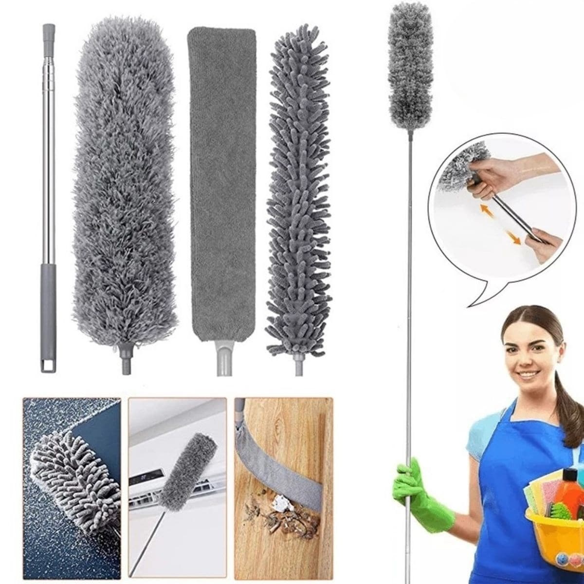 Roichil® Teleskopik 3'lü Mop Toz Alma Püskülü Çok Fonksiyonlu Temizlik Seti