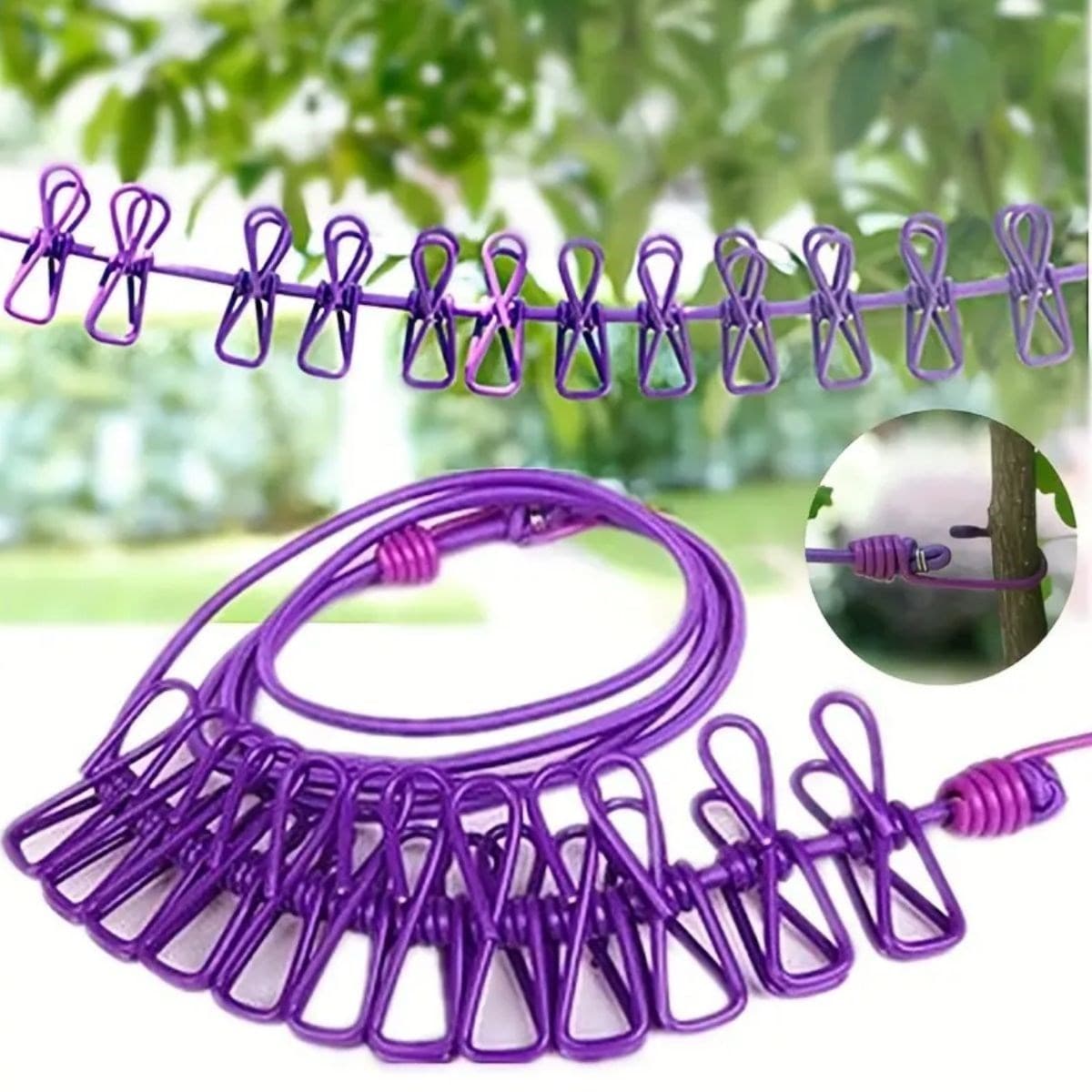 Roichil® Taşınabilir Seyahat Çamaşır İpi 12 Mandallı Klipsli Lastikli Çamaşır Mandalları