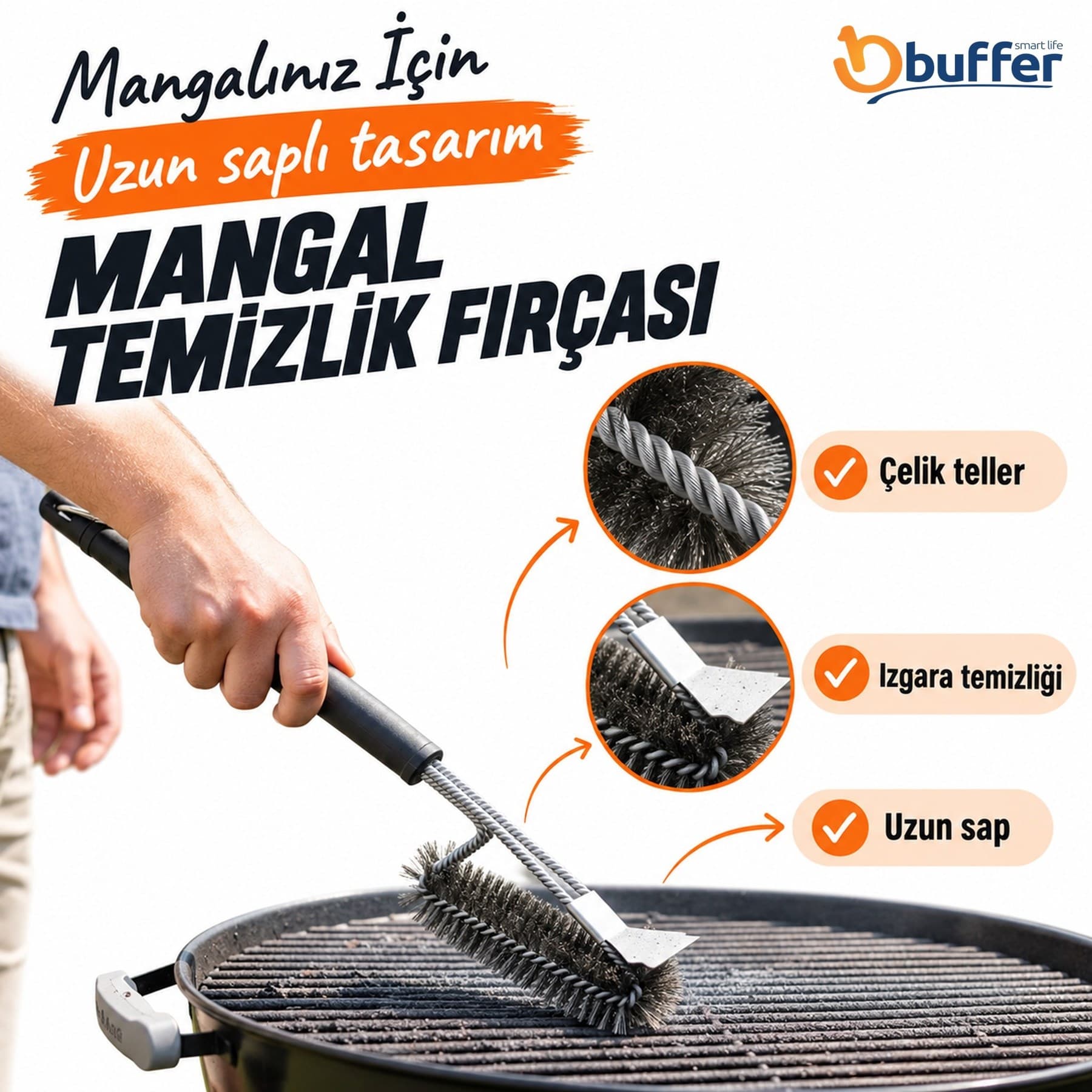 Roichil® Mangal Izgara Temizleme Fırçası – Paslanmaz Çelik Telli, Uzun Saplı Grill Temizlik Aparatı Mangal Temizlik Fırçası