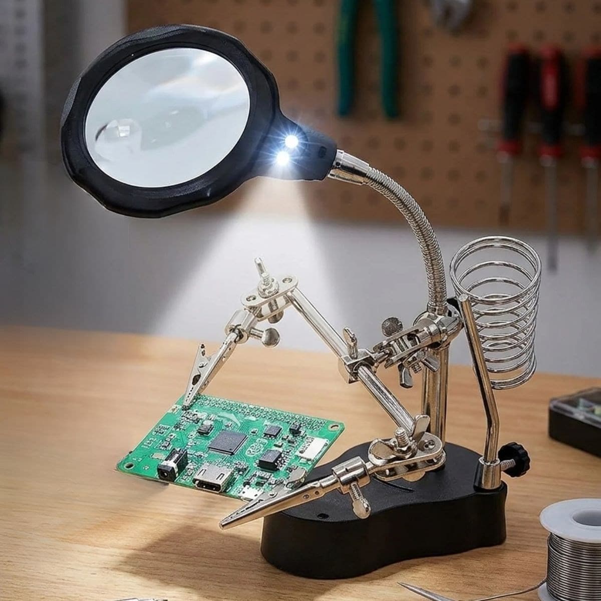 Roichil® LED Işıklı Büyüteç Lehimleme İstasyonu – Yardımcı Klipsli Masaüstü Elektronik Tamir ve Donanım Onarım Büyüteci — küçük görsel 2
