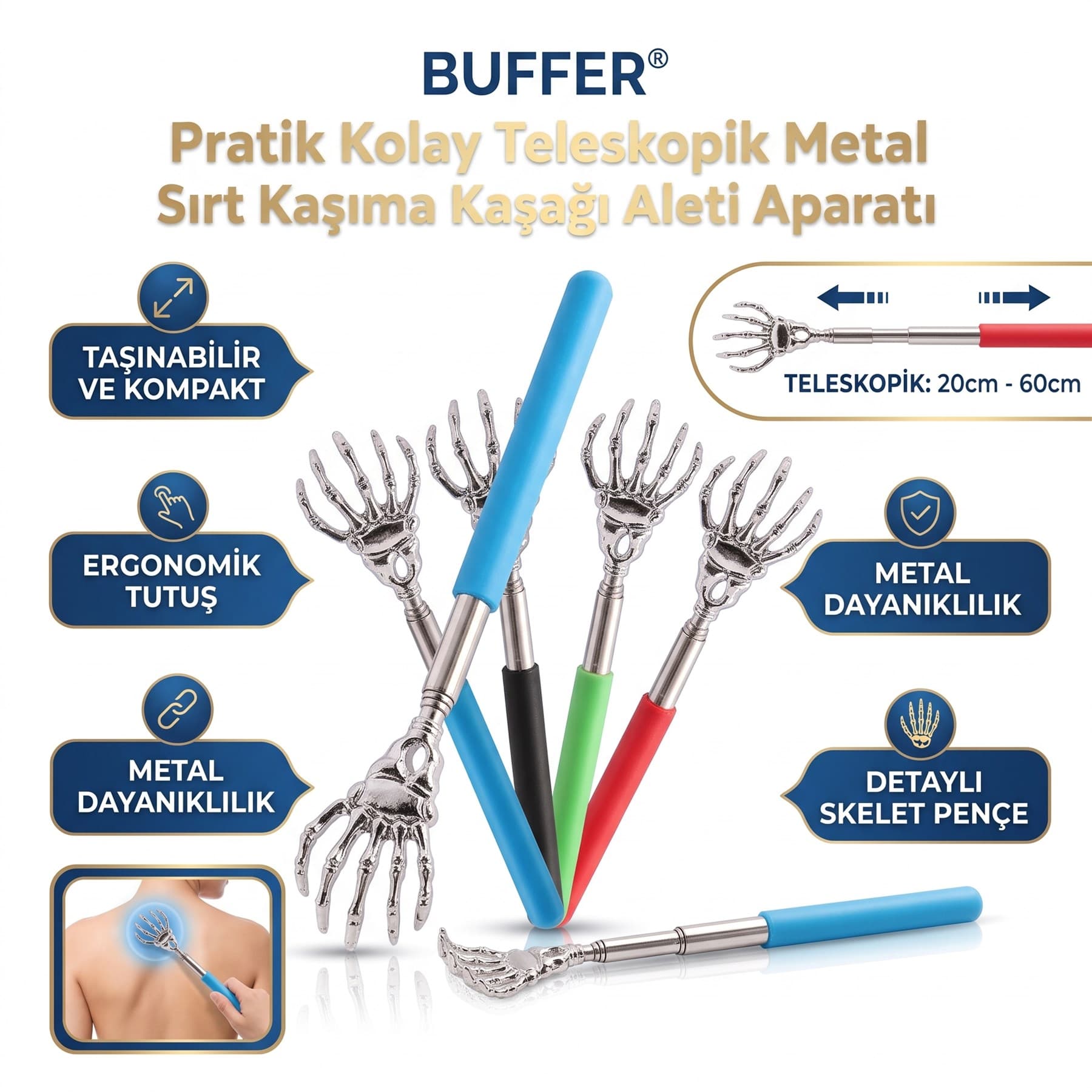 Roichil® Pratik Kolay Teleskopik Metal Sırt Kaşıma Kaşağı Aleti Aparatı