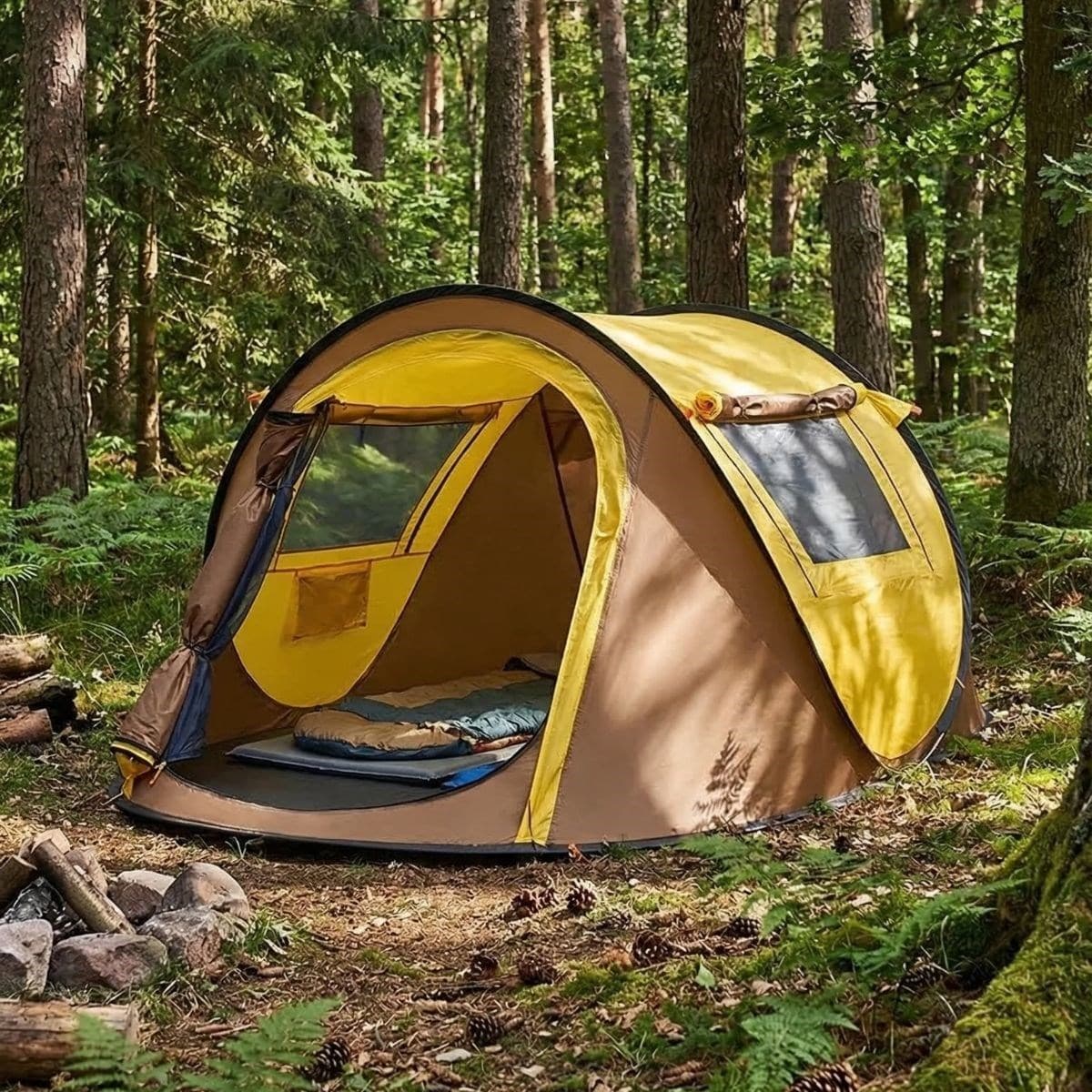 Roichil® 2 Kişilik Vagon Tipi Yarı Otomatik Kamp Çadırı – Çift Kapılı, Çift Pencereli, Hafif Taşınabilir Outdoor Doğa Çadırı 220x120x90 cm
