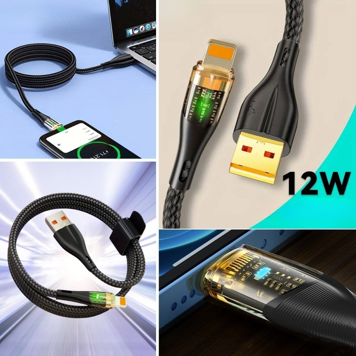 Roichil® Led Işık Uçlu Sağlam İp Kablolu USB to Lightning Hızlı Şarj Kablosu