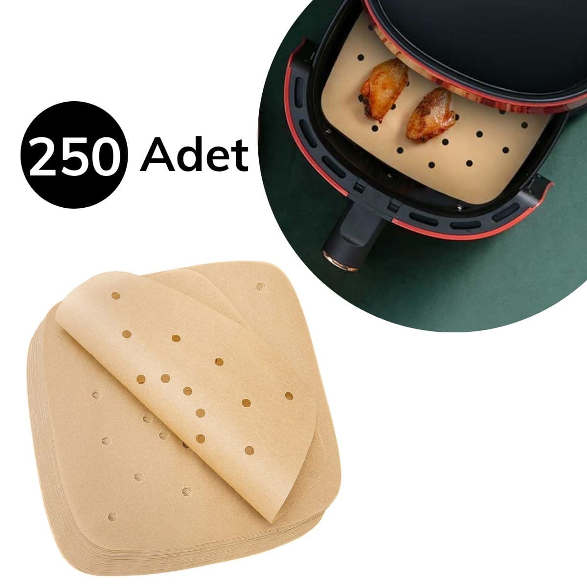Roichil® 250 Adet Air Fryer Pişirme Kağıdı Tek Kullanımlık Hava Fritöz Yağ Geçirmez Yapışmaz Gıda Pişirme Kağıdı Delikli Kare Model