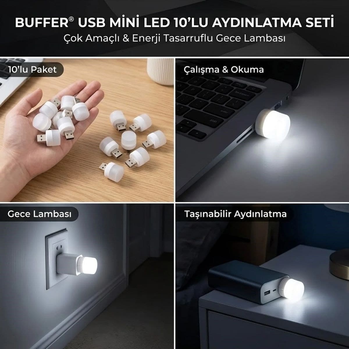 Roichil® USB Mini Top LED 10’lu Aydınlatma Beyaz Işıklı Gece Lambası, Enerji Tasarruflu Mikro LED Işıklar — küçük görsel 3