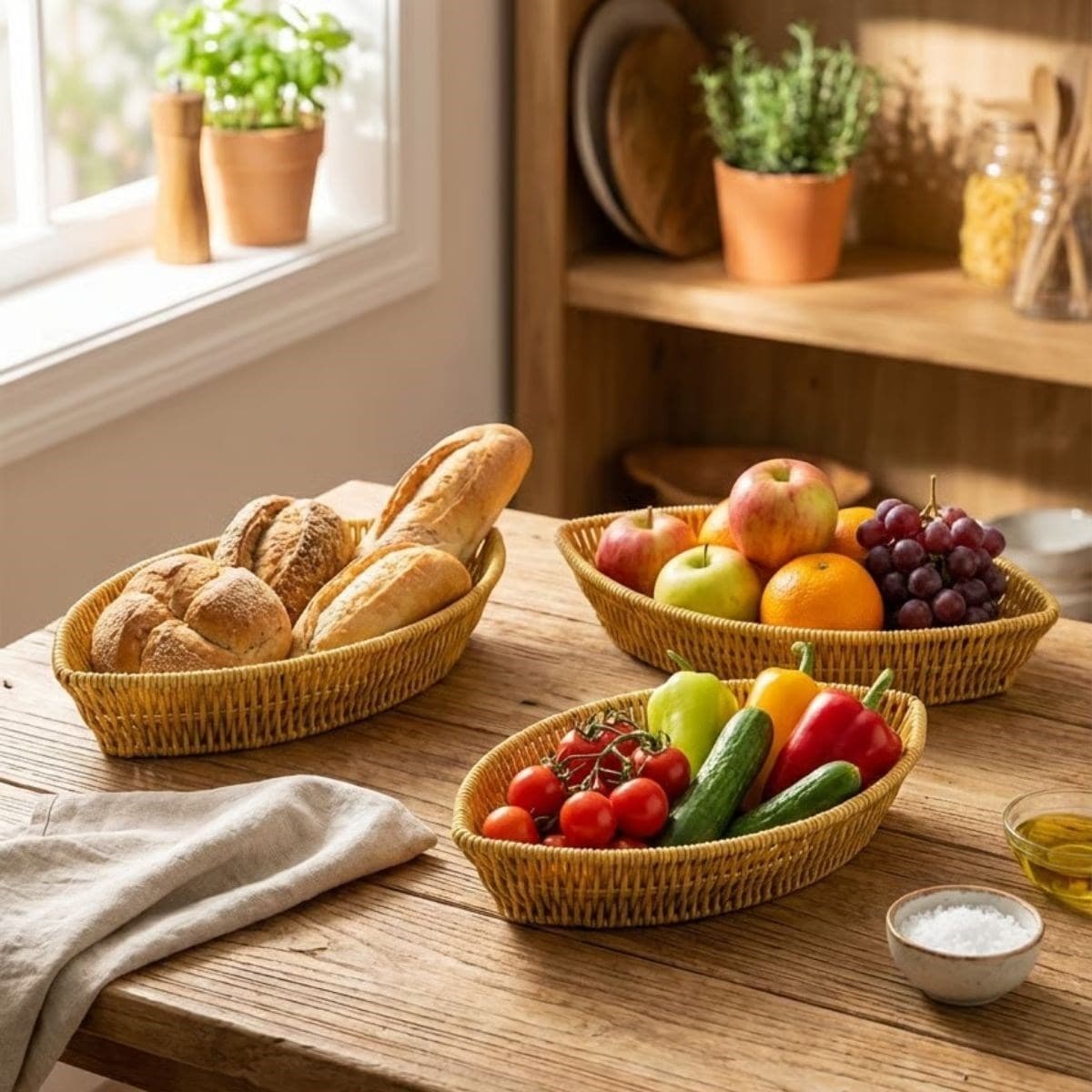 Roichil® 3’lü Kayık Formlu Plastik Rattan Sepet Seti–Hasır Görünümlü Ekmek, Meyve ve Sunum Sepetleri, Çok Amaçlı Masaüstü Organizer