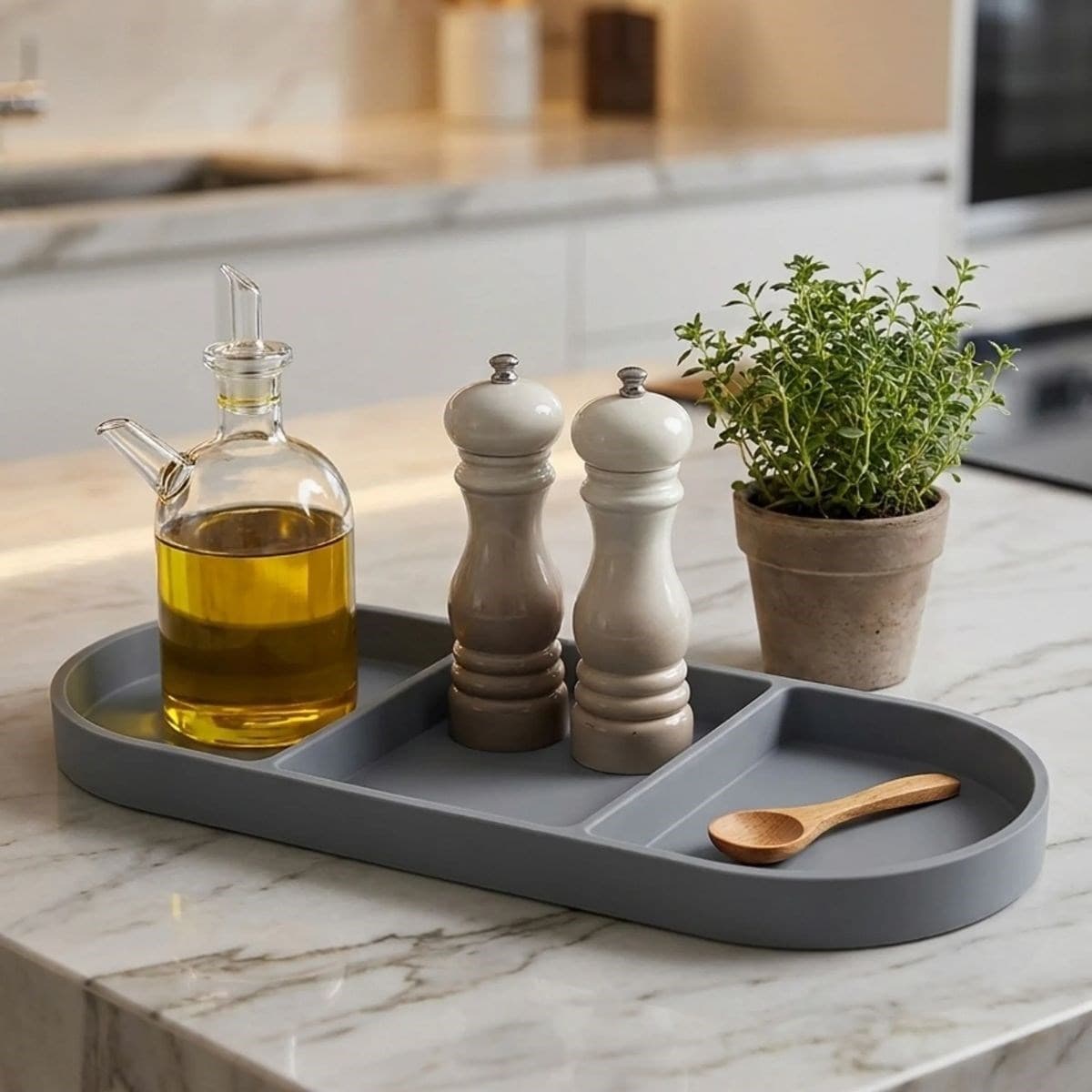 Roichil® Çok Amaçlı 3 Bölmeli Gri Silikon Altlık – Yağdanlık ve Sunum Organizeri