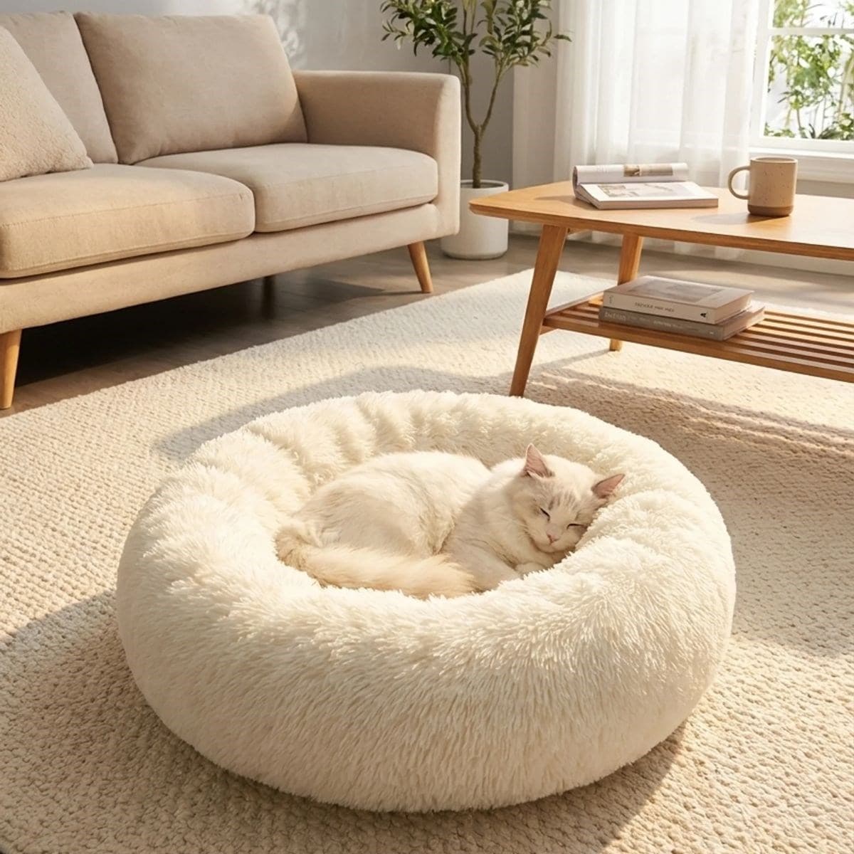 Roichil® Yuvarlak Ultra Yumuşak Welsoft Peluş Kedi ve Köpek Yatağı – Kaymaz Taban Tüylü Pet Pufu,Uyku Minderi (krem)