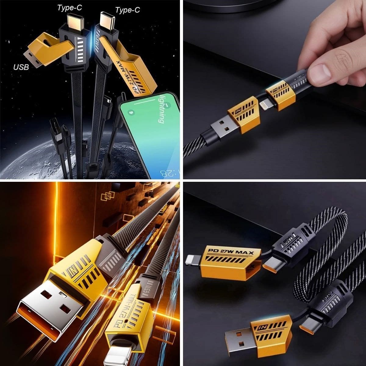 Roichil® 4’ü 1 Arada Hızlı Mobil Şarj Kablosu 65W – USB-A & Type-C to Type-C + Lightning, Örgülü Çoklu Şarj ve Veri Kablosu — küçük görsel 4