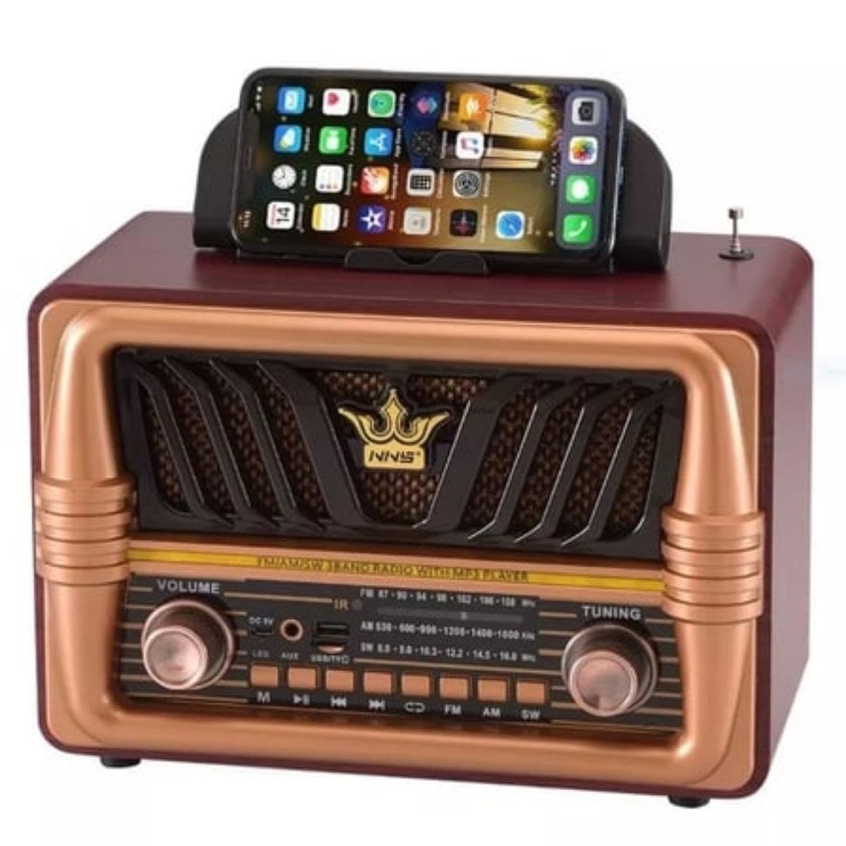 Roichil® Büyük Boy Telefon Tutma Saplı Retro Ahşap Tasarım Bluetooth Hoparlörlü Radyo – FM/AM Destekli, Şarjlı ve Taşınabilir Radyo NS-8077