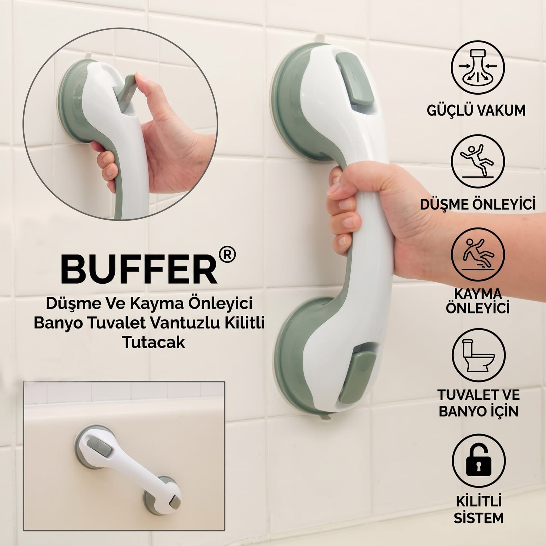 Roichil® Düşme Ve Kayma Önleyici Banyo Tuvalet Vantuzlu Kilitli Tutacak — küçük görsel 1