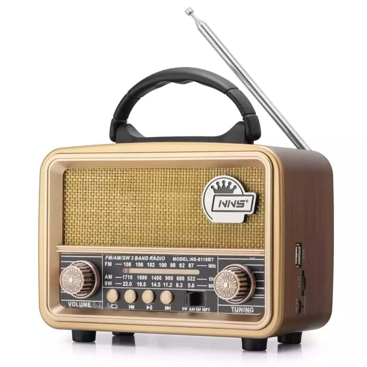 Roichil® Orta Boy Retro, Nostaljik, Ahşap Tasarım Bluetooth Hoparlörlü, Şarjlı, Taşınabilir FM/AM Destekli Radyo NS-8110