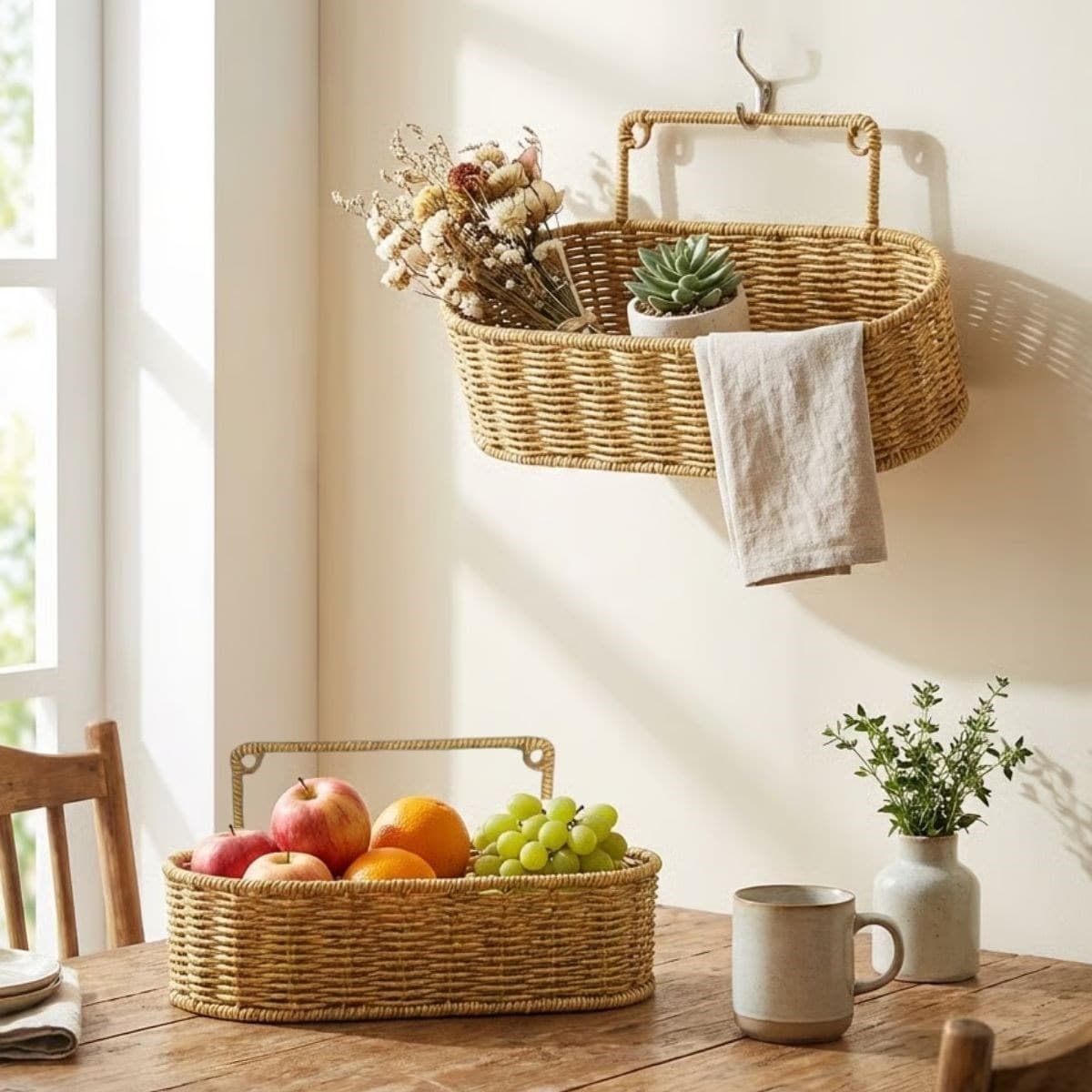Roichil® 2’li Duvar Askılı Plastik Rattan Organizer – Oval Hasır Görünümlü Mutfak Raf Sepeti, Banyo ve Ev İçi Düzenleme Ünitesi