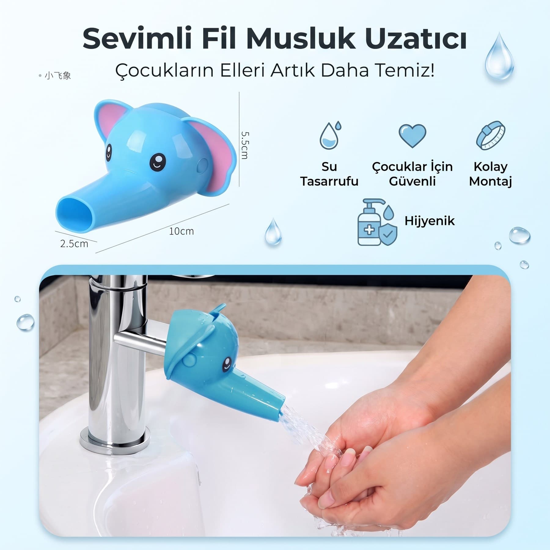 Roichil® Çocuklar İçin Eğitici ve Güvenli Musluk Uzatıcı Genişletici Başlık Aparatı Fil Figürlü