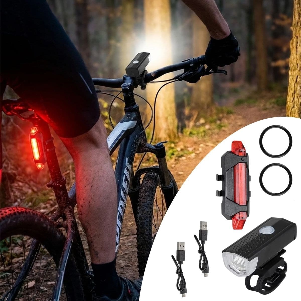 Roichil® Bisiklet Işık Seti – USB Şarjlı LED Ön Far + Arka Stop Lambası, Su Geçirmez Bisiklet Aydınlatma Seti