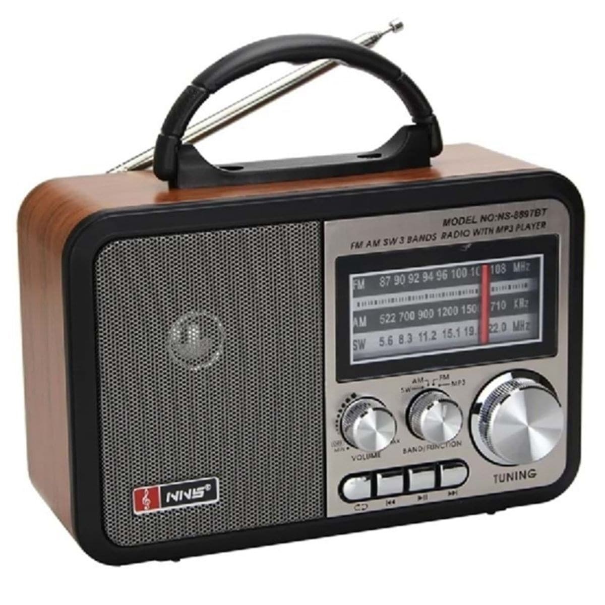 Roichil® Orta Boy Retro, Nostaljik, Ahşap Tasarım Bluetooth Hoparlörlü, Şarjlı, Taşınabilir FM/AM Destekli Radyo NS-8897