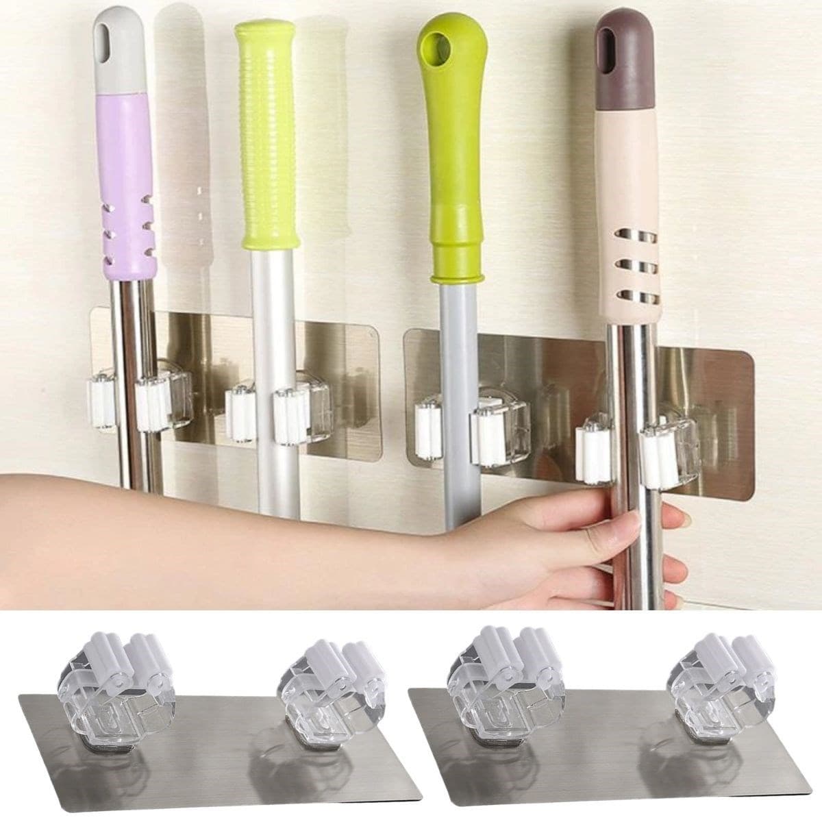 Roichil® Pratik Organizer 4lü Yapışkanlı Fırça Paspas Mop Fırça Sabitleyici Ergonomik Alet Aparatı