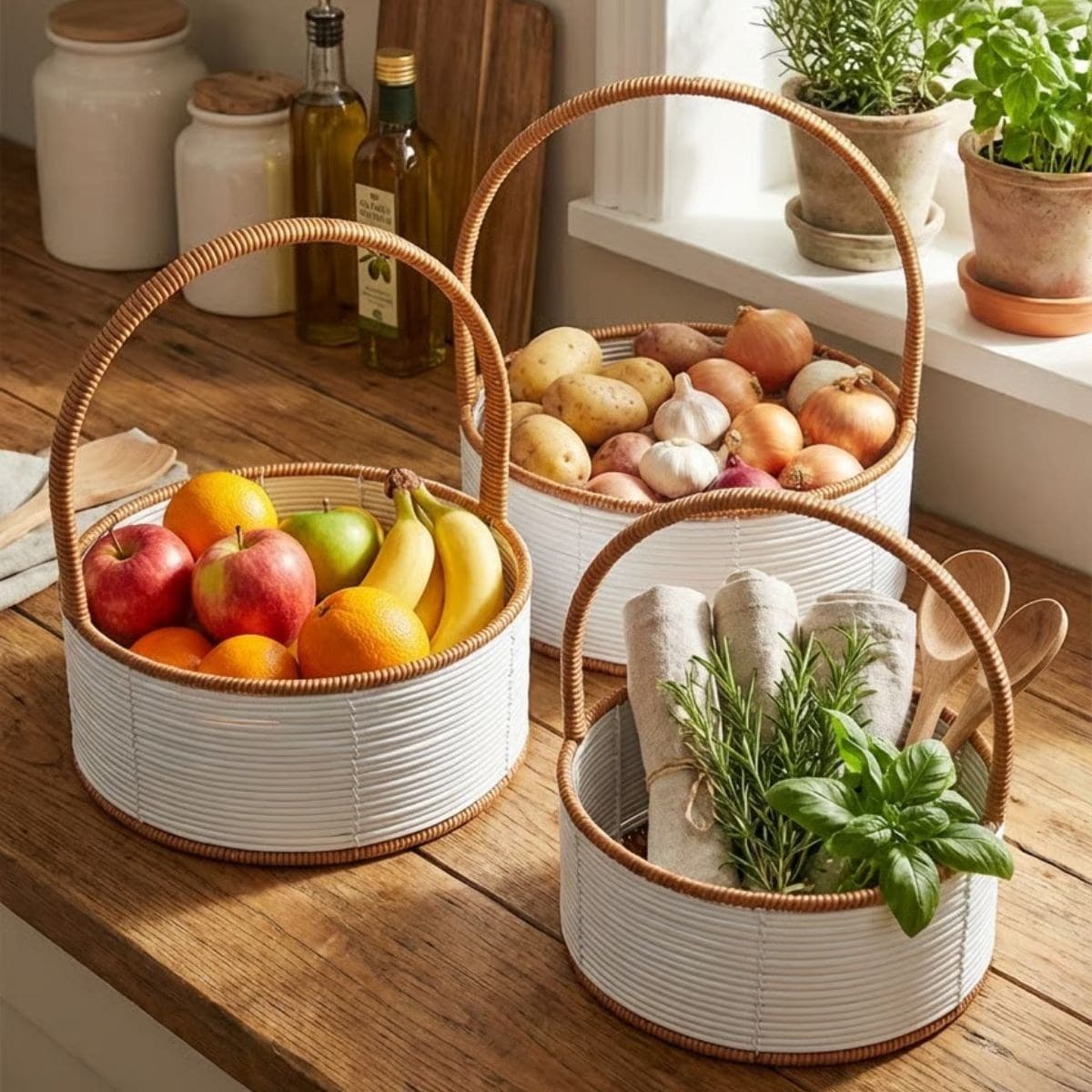 Roichil® 3 Boy İç İçe Geçebilen Plastik Rattan Sepetler–Beyaz Renkli,Kahverengi Saplı, Çok Amaçlı Düzenleyici ve Sunum Sepeti Seti