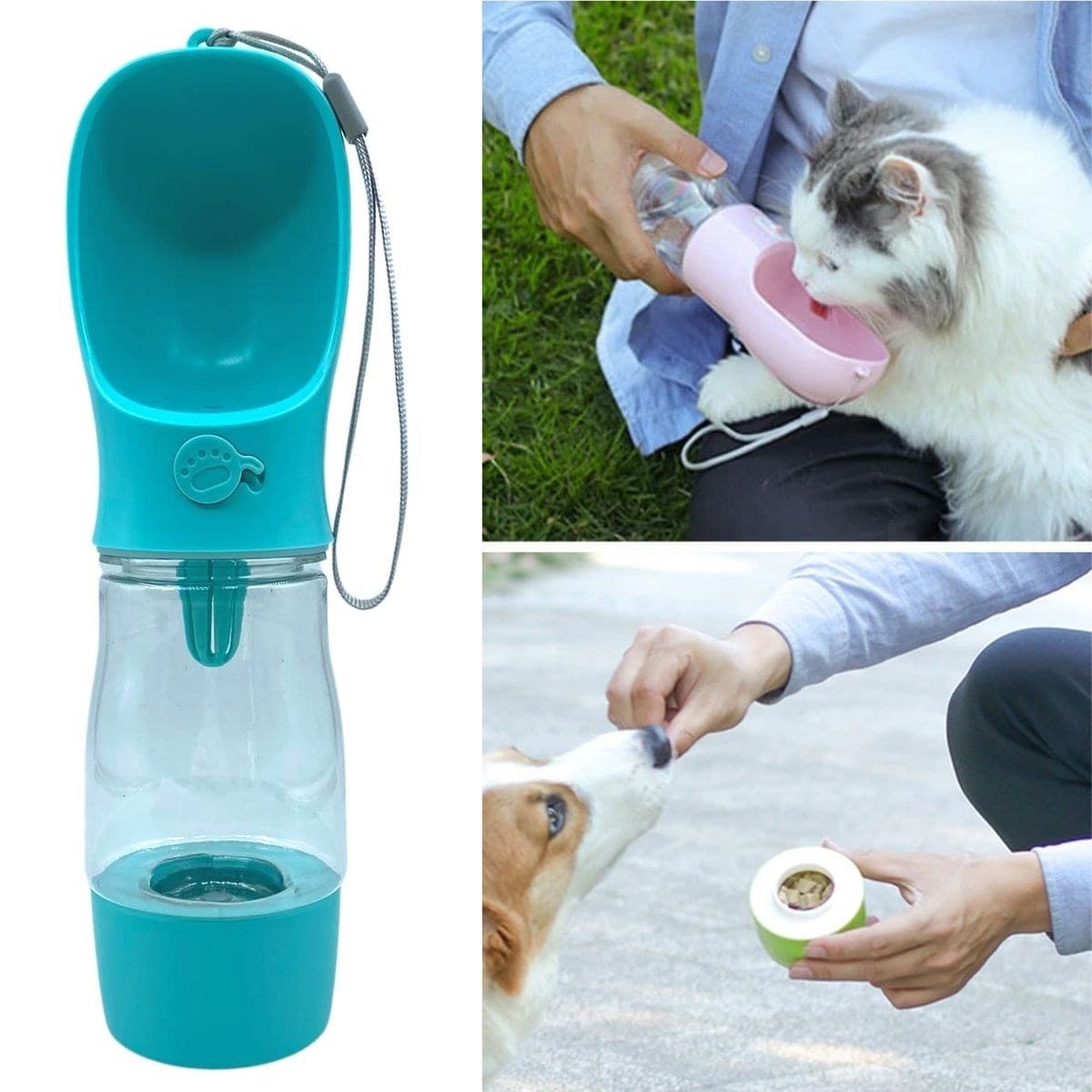 Roichil® Taşınabilir Mama Hazneli Evcil Hayvan Suluğu Seyahat Kabı Kilitlenebilen Su Sızdırmaz 380ML