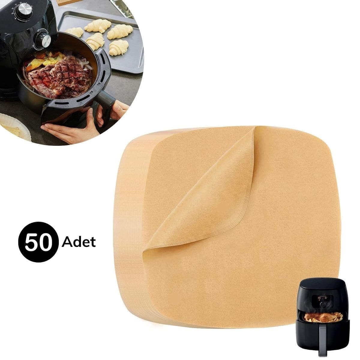 50 Adet Air Fryer Pişirme Kağıdı Tek Kullanımlık Yağ Su Geçirmez Yapışmaz Deliksiz Düz Kare Model