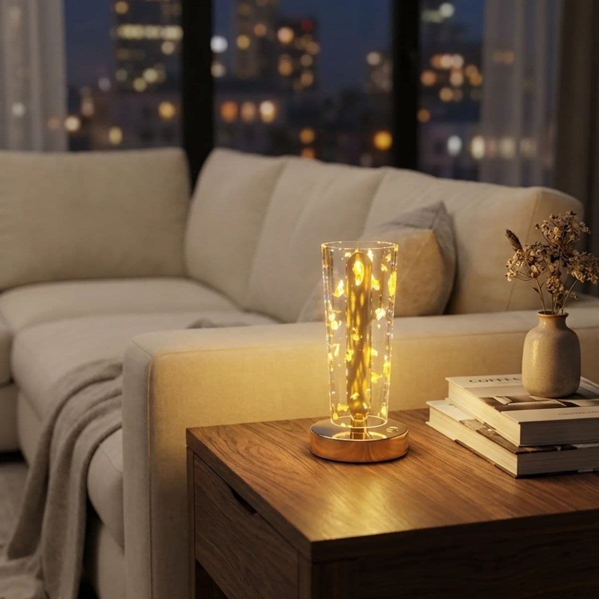 Roichil® Silindirik Kristal Altın Toz Model LED Masa Lambası – Gold Tabanlı, Dokunmatik, 3 Renk Işık Modlu, Şarjlı Modern Dekoratif Gece Lambası