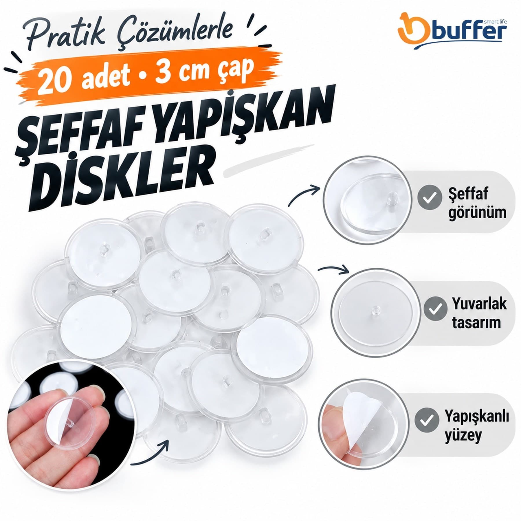 Roichil® 20 Adet Şeffaf Yuvarlak 3 Cm Çaplı Güçlü Disk Yapışkanlar