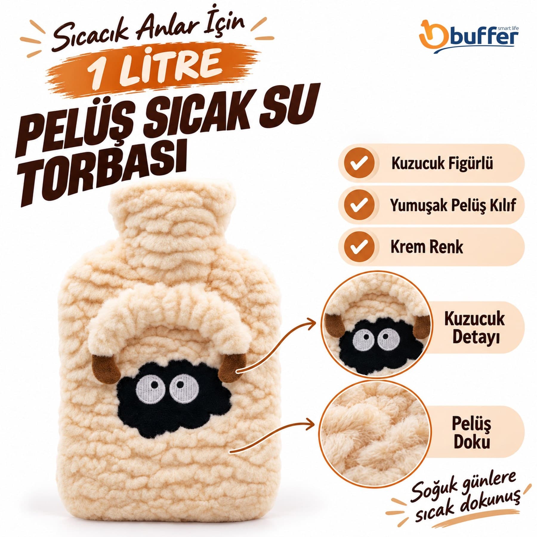 Kuzucuk Figürlü Peluş Sıcak Su Torbası 1 Lt – Yumuşak Kılıf, Uzun Süre Sıcak Tutan Termal Su Torbası
