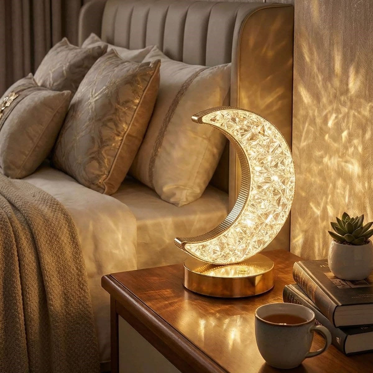 Roichil® Hilal AY Model Kristal LED Masa Lambası – Dokunmatik, 3 Renk Işık Modlu, Şarjlı Mini Dekoratif Gece Lambası