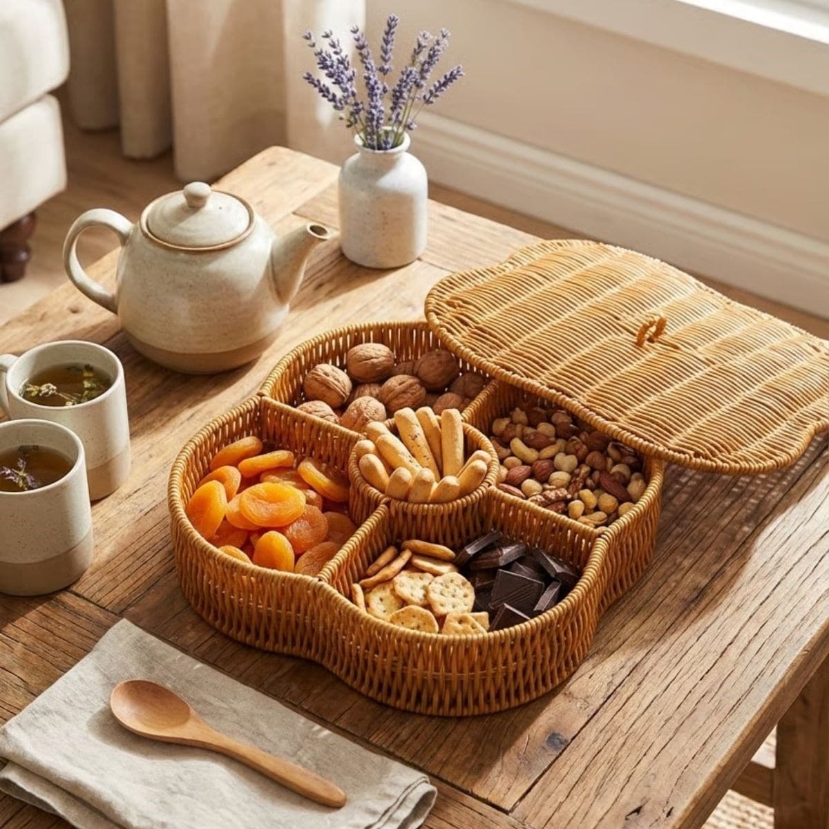 Roichil® Kapaklı 5 Bölmeli Plastik Rattan Organizer Kutu – Hasır Desenli Çok Amaçlı Saklama ve Sunum Sepeti Çerezlik