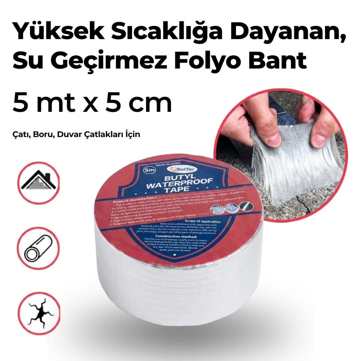 Roichil® Yüksek Sıcaklık Dayanan Su Geçirmez Çatı Boru Duvar Çatlak Onarıcı Yapışkan Bant Folyo 5 cm