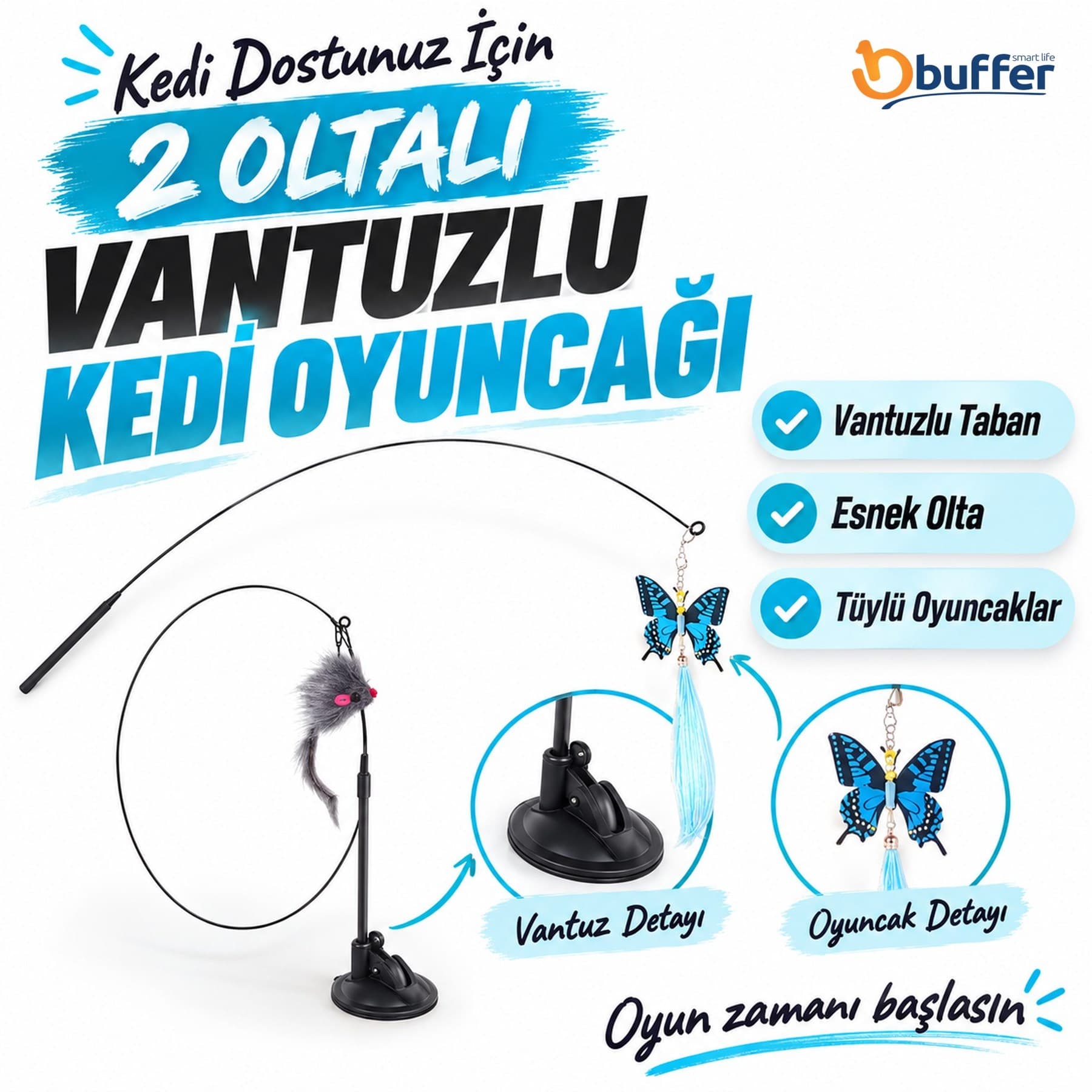 Roichil® Vantuzlu Tüylü Zilli Olta Kedi Oyuncağı 2 Oltalı