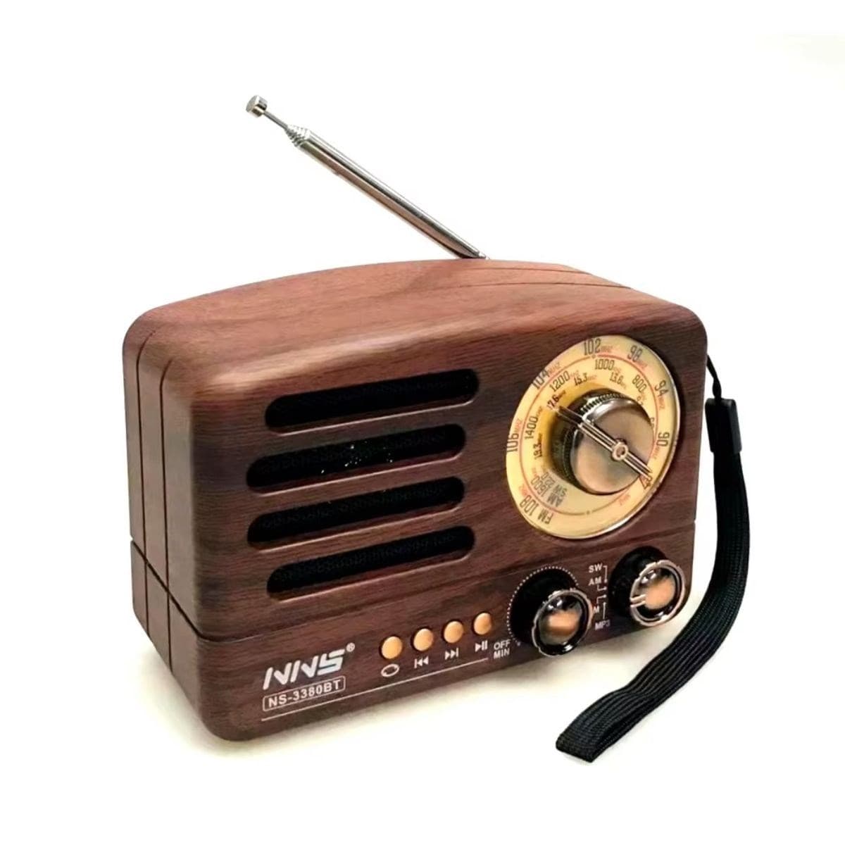 Roichil® Küçük Boy Retro, Nostaljik, Ahşap Tasarım Bluetooth Hoparlörlü, Şarjlı, Taşınabilir Büyük Döndürülebilen Düğmeli FM/AM Destekli Radyo NS3380