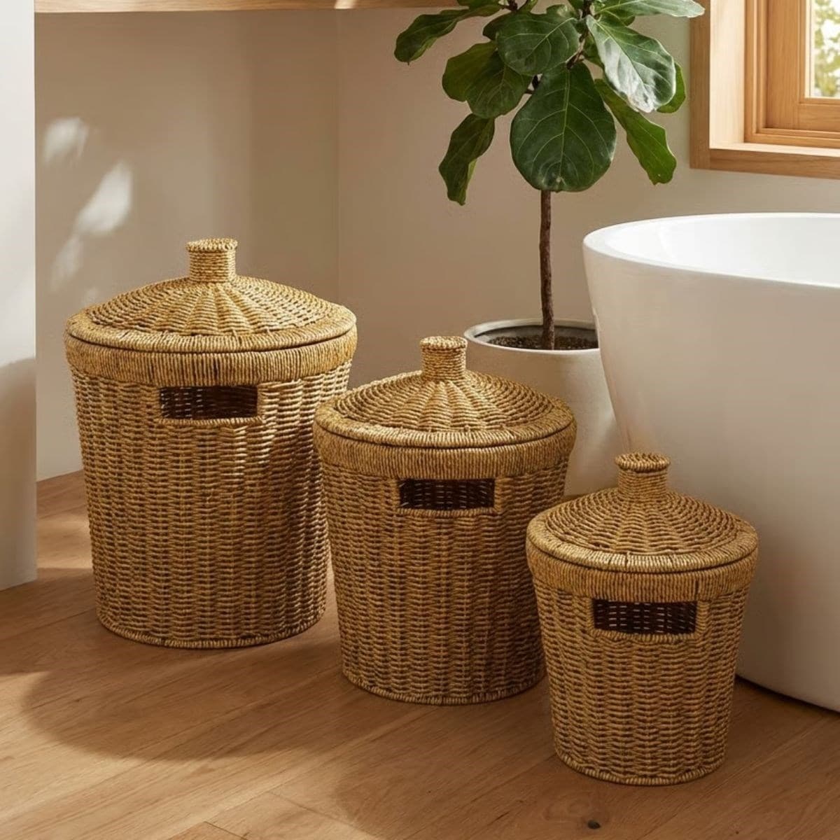 Roichil® 3’lü İç İçe Geçebilen Büyük Plastik Rattan Hasır Sepet Seti-Dayanıklı Çok Amaçlı Ev,Banyo ve Mutfak Düzenleyici