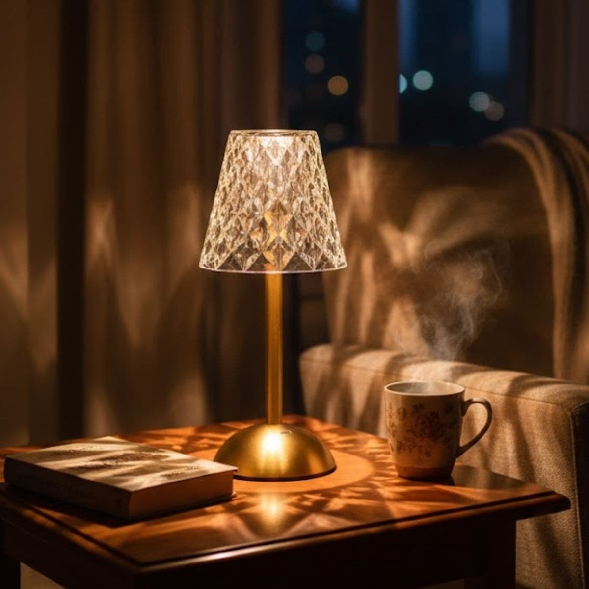 Roichil® Uzun Klasik Şeffaf Baklava Model LED Masa Lambası – Dokunmatik, 3 Renk Işık Modlu, Şarjlı Dekoratif Gece Lambası