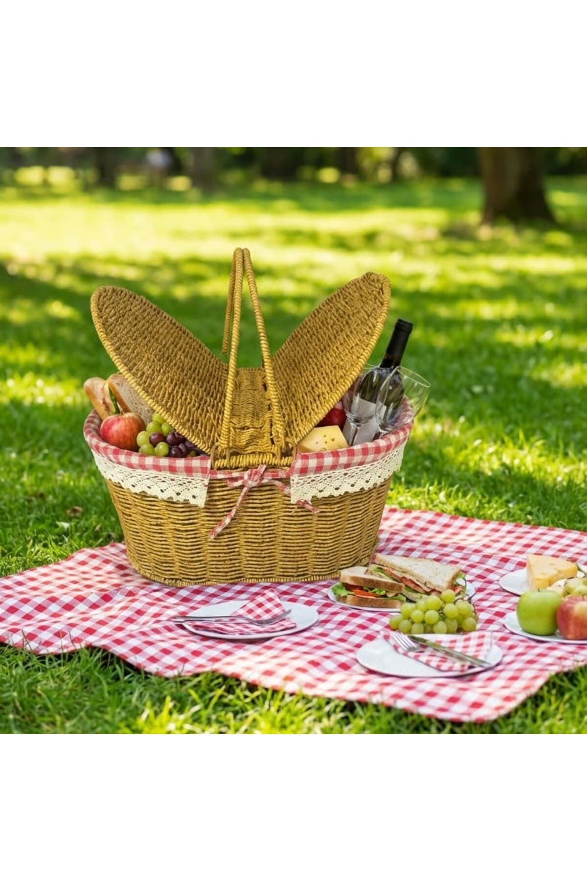 2 Kapaklı Oval Plastik Rattan Piknik Sepeti