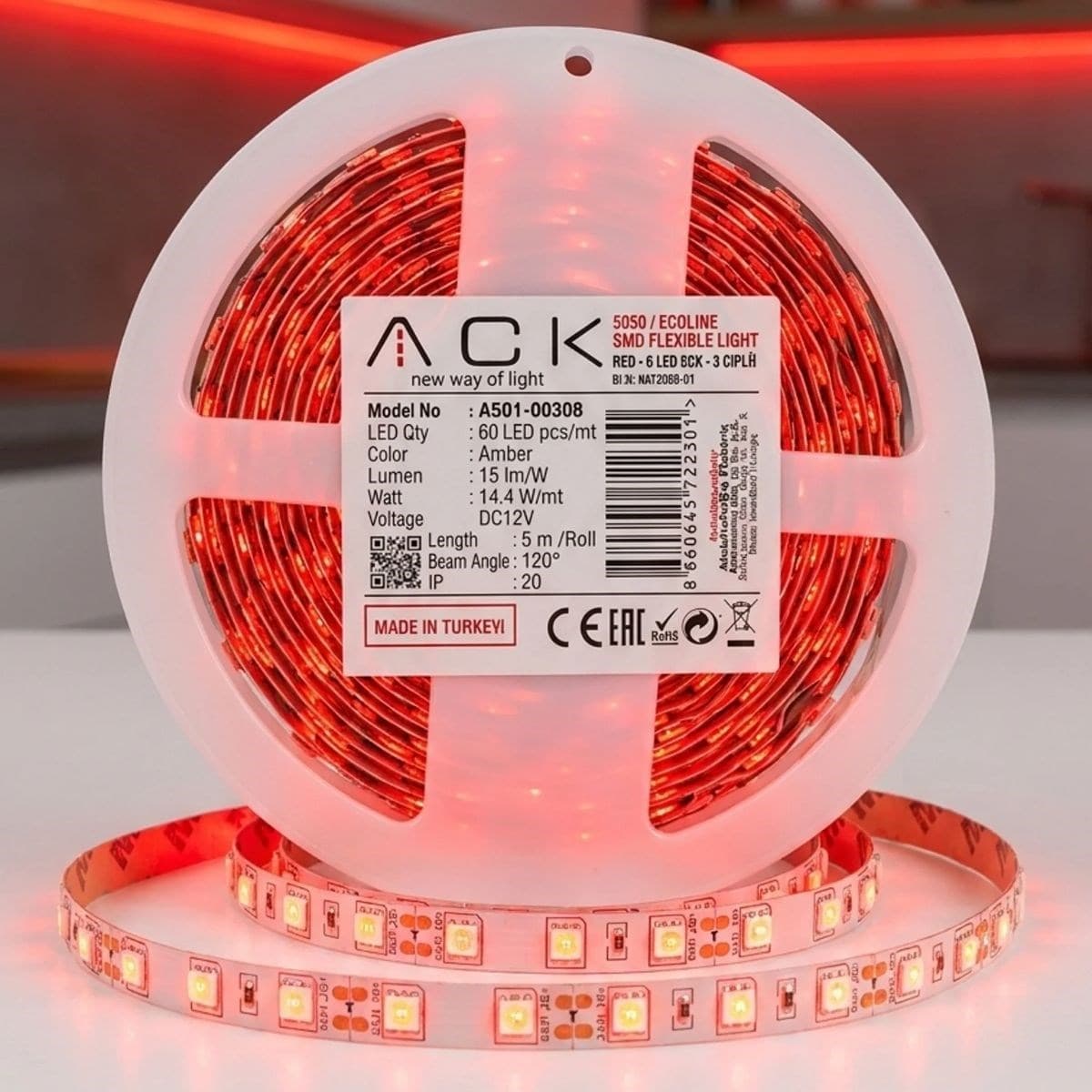 Roichil® Kırmızı LED Şerit 5m – 60 LED/m 12V 14.4W Güçlü 3 Çipli Işık Şerit Led