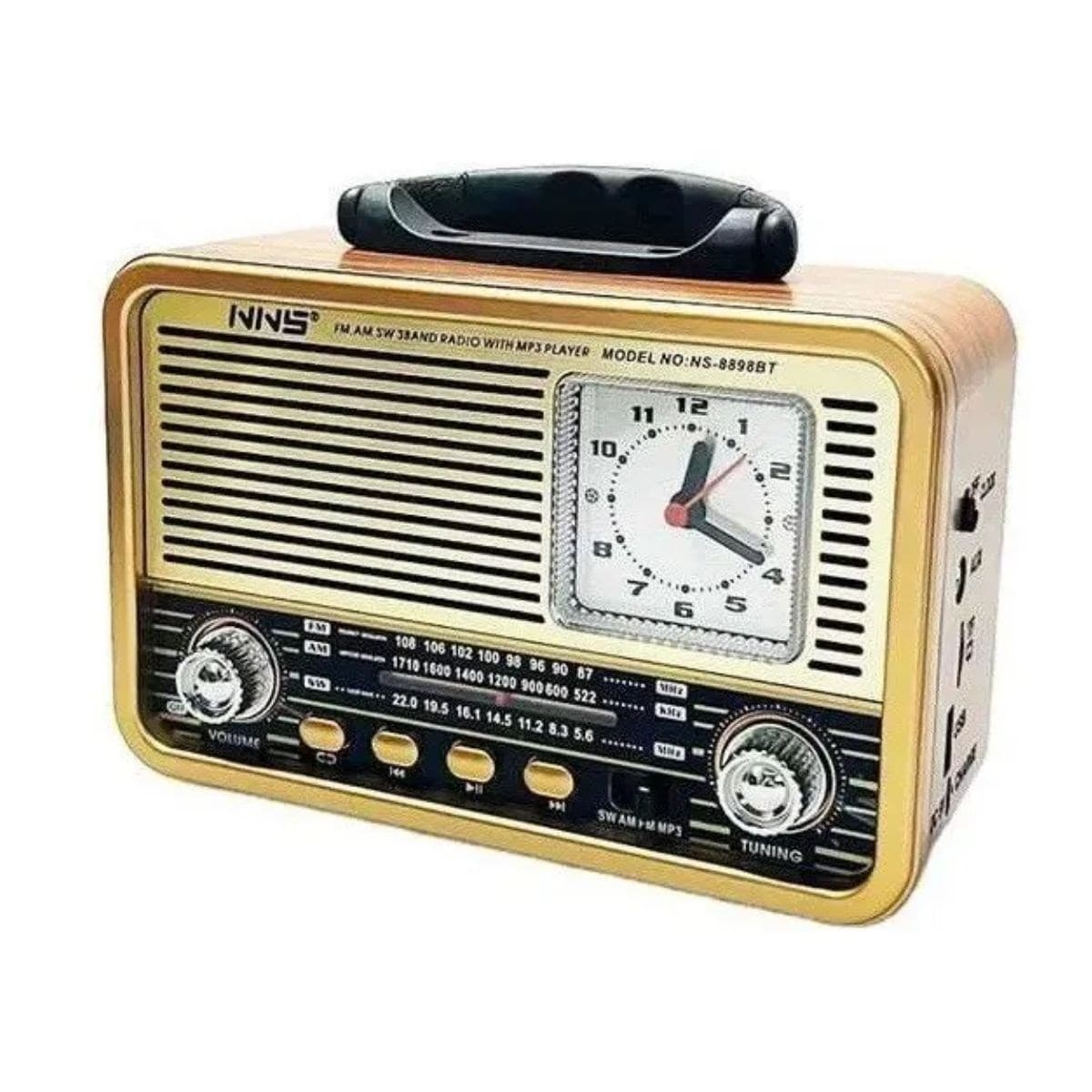 Roichil® Orta Boy Saat Göstergeli Retro Ahşap Tasarım Bluetooth Hoparlörlü Radyo – FM/AM Destekli, Şarjlı ve Taşınabilir Radyo NS-8898