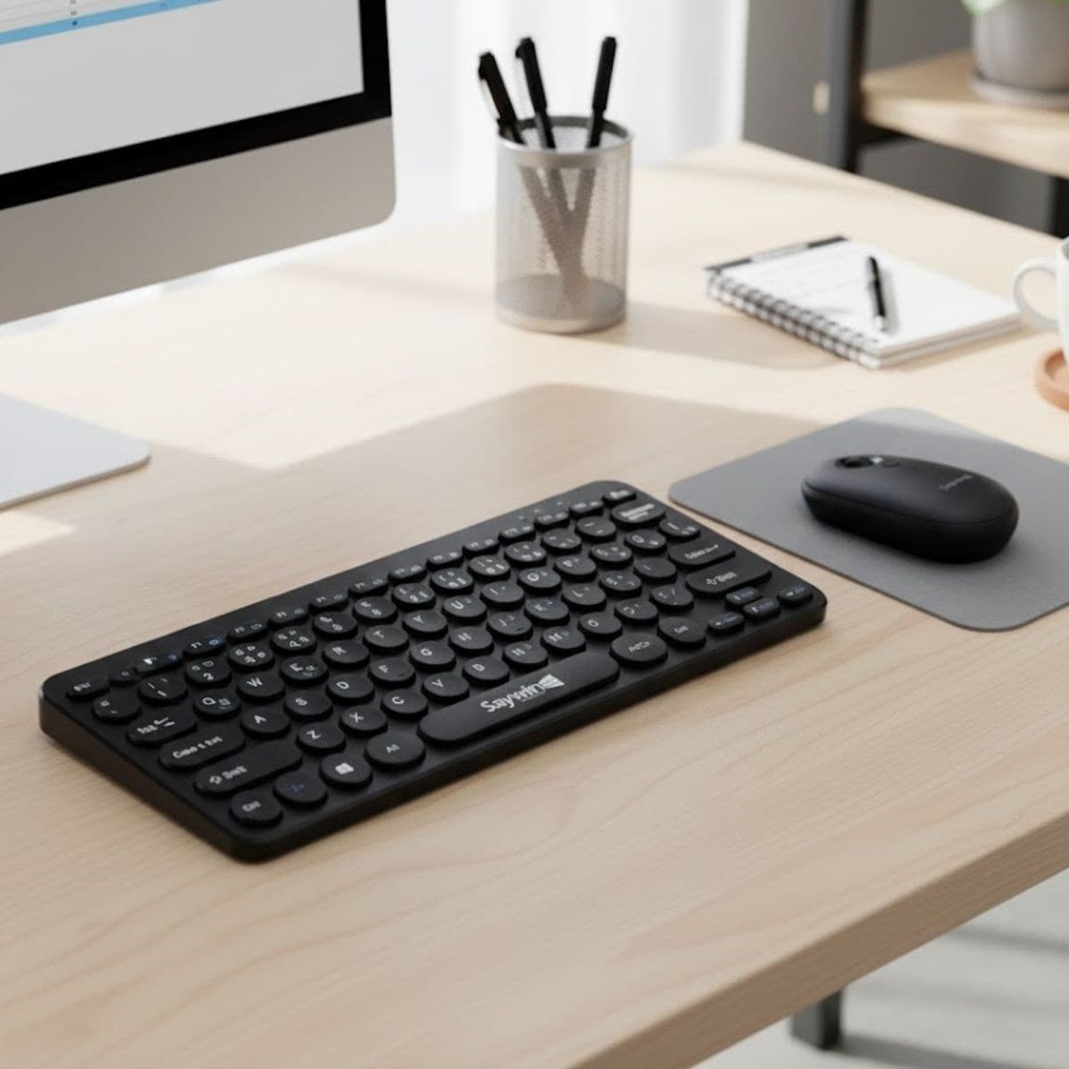 Kablosuz Lacivert Bluetooth Klavye Mouse Seti – Yuvarlak Tuşlu Tasarım, Türkçe Q Dizilim, Taşınabilir, Ev ve Ofis Kullanımına Uygun