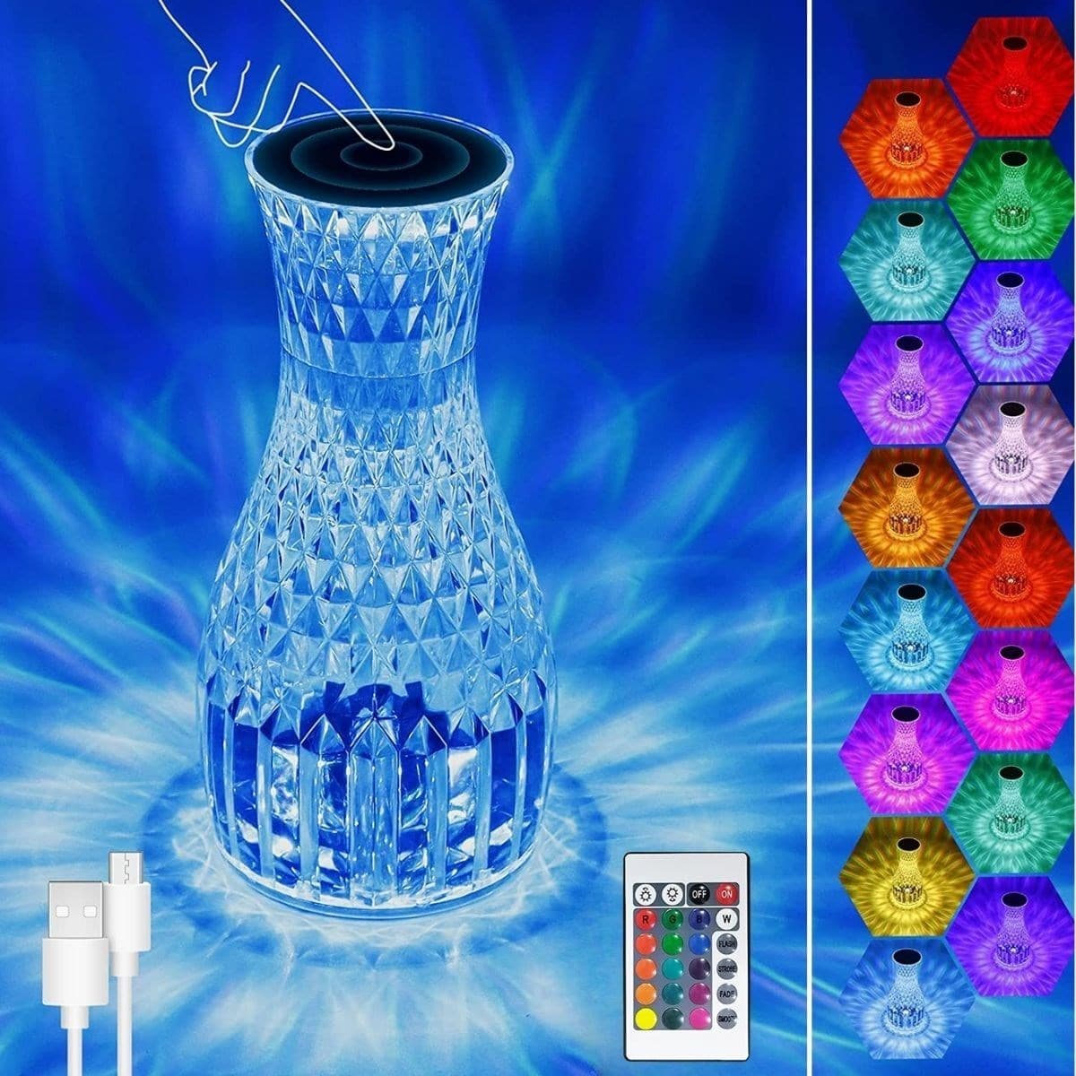 Roichil® Sürahi Model USB Şarjlı Kumandalı 16 Farklı Işık Modlu Masa Üstü Kristal Akrilik Lamba Led