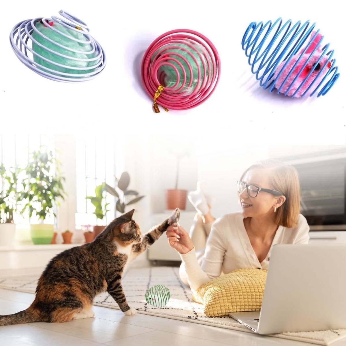 Roichil® Yaylı Metal Fareli Kafes Kedi Oyun Topu Sıçrayan Spiral Kedi Topu