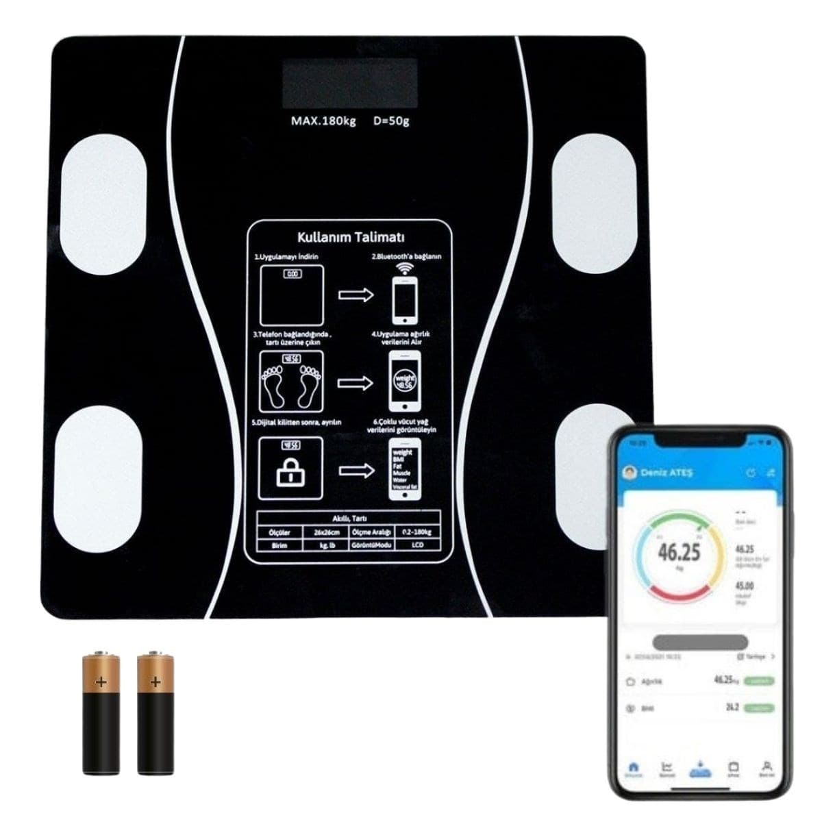 Roichil® Dijital Baskül Yağ Ölçer Fonksiyonlu Akıllı Baskül Bluetooth Bağlantılı Tartı