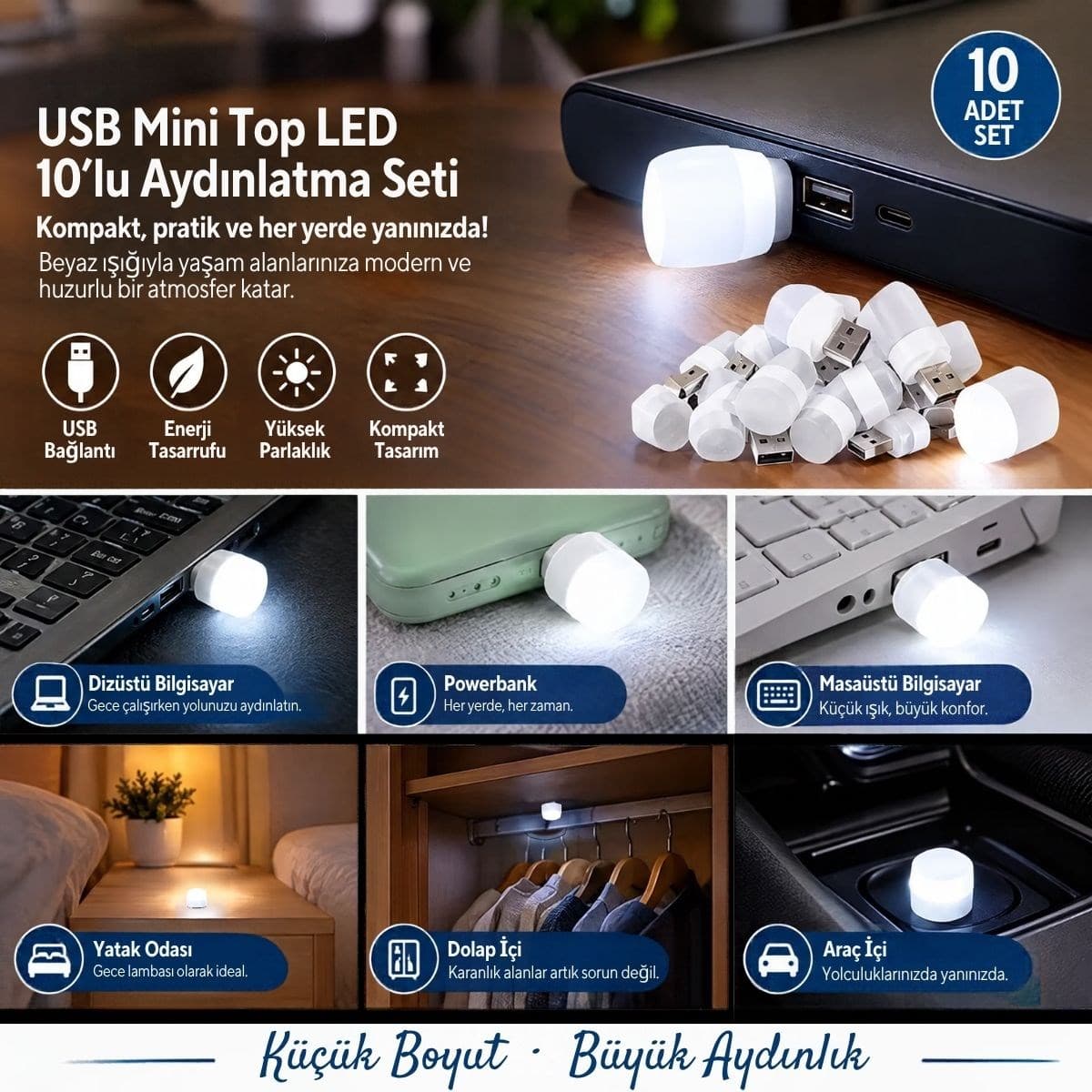 Roichil® USB Mini Top LED 10’lu Aydınlatma Beyaz Işıklı Gece Lambası, Enerji Tasarruflu Mikro LED Işıklar — küçük görsel 5
