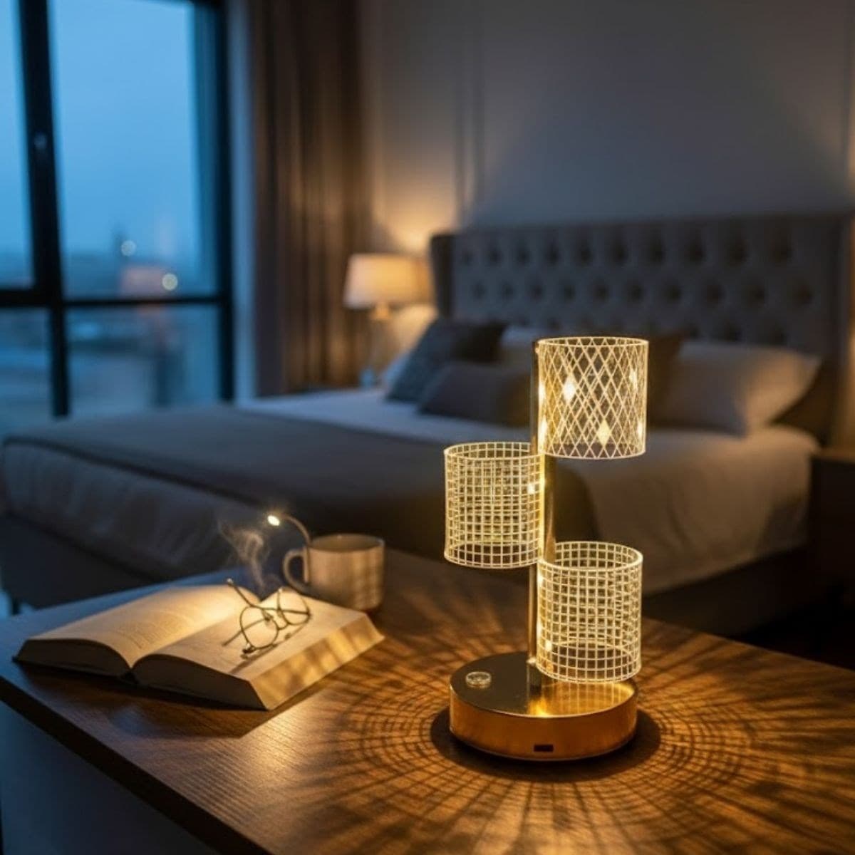 Roichil® 3 Parça Silindirik Kristal Ekose Kareli LED Masa Lambası – Gold Gövdeli, Dokunmatik, 3 Kademe Işık Ayarlı Şarjlı Dekoratif Lamba