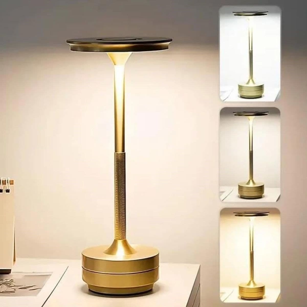 Roichil® Eskitme Gold Kasa Dokunmatik Şarjlı Masa Lambası – 3 Renk Işık Modlu, LED Aydınlatmalı, Modern & Dekoratif Abajur