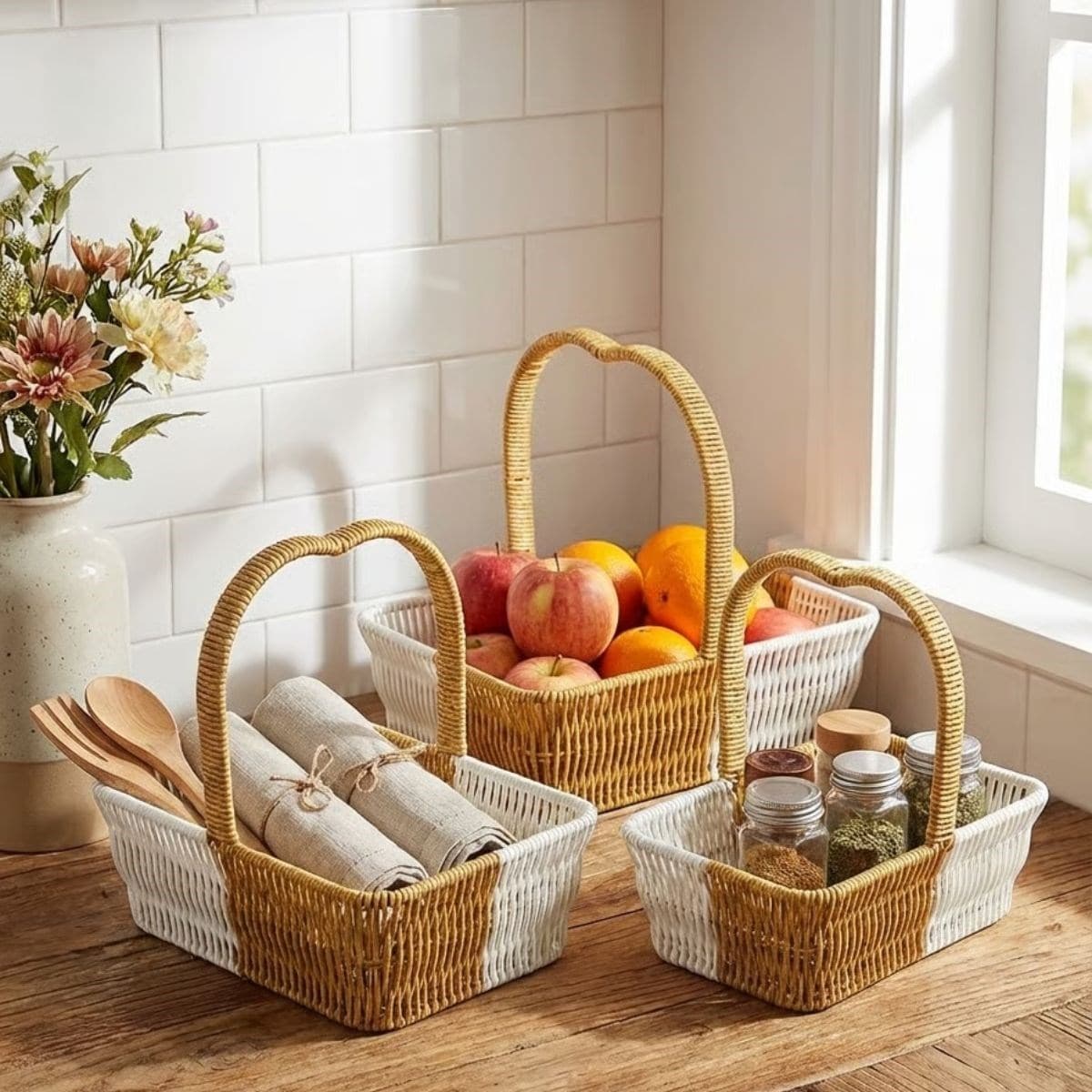 Roichil® İç İçe Geçebilen 3’lü Çift Renkli Dikdörtgen Formlu Kalp Saplı Plastik Rattan Sepet Seti – Hasır Görünümlü Çok Amaçlı Organizerler