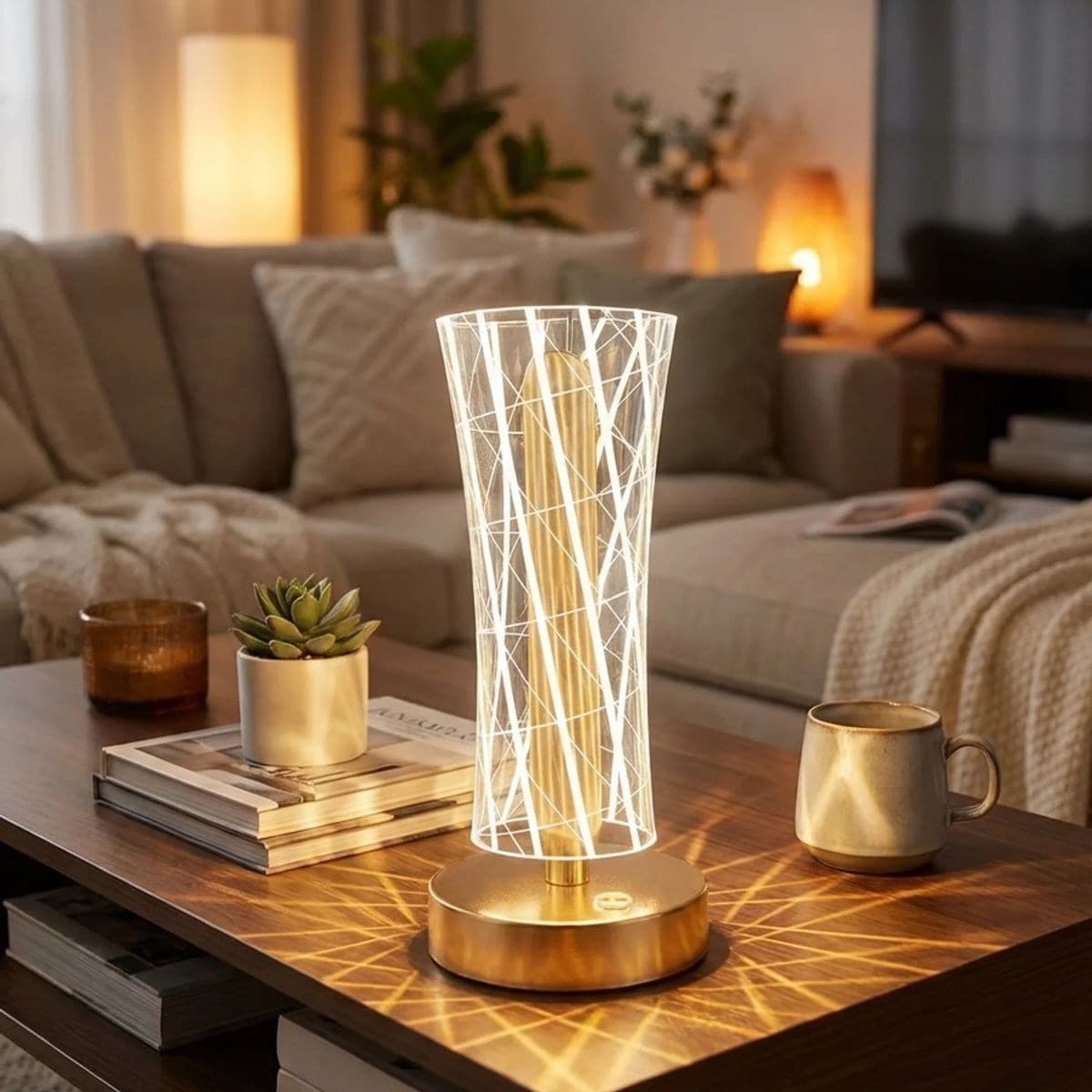 Roichil® Silindirik Kristal Çizgi Model LED Masa Lambası – Gold Tabanlı, Dokunmatik, 3 Renk Işık Modlu, Şarjlı Modern Dekoratif Gece Lambası