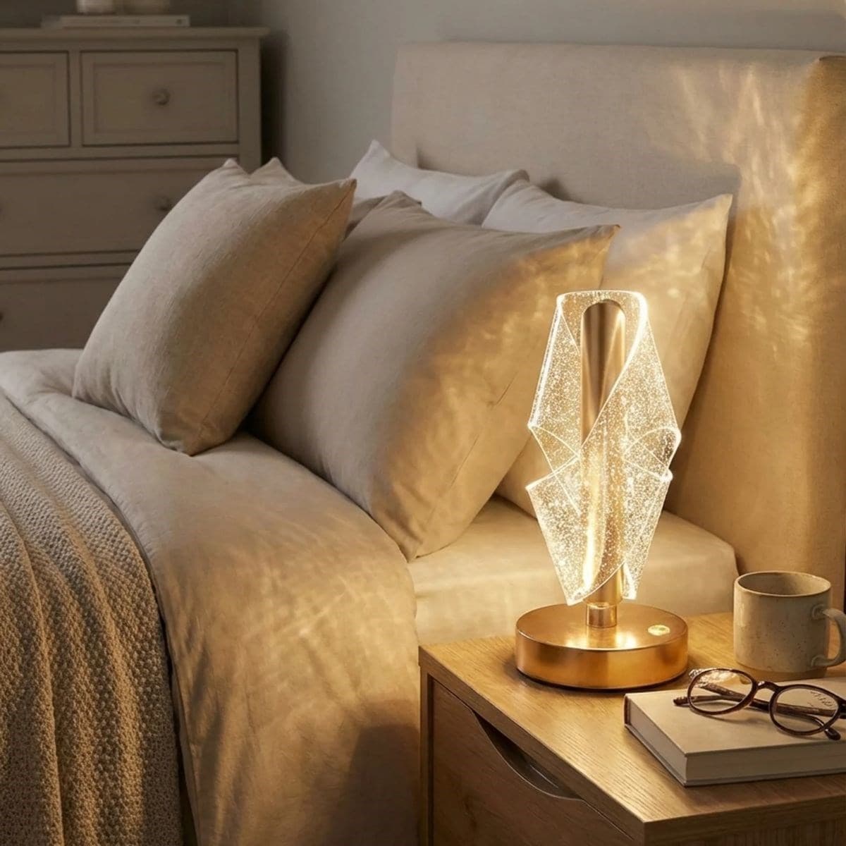 Roichil® Çapraz Kavisli Ters Kristal Simli LED Masa Lambası – Gold Gövdeli, Dokunmatik, 3 Kademe Işık Ayarlı Şarjlı Dekoratif Lamba