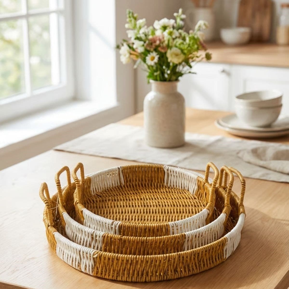 Roichil® İç İçe Geçebilen 3’lü Yuvarlak Plastik Rattan Tepsi Seti–Çift Renkli Hasır Görünümlü Çok Amaçlı Servis ve Sunum Tepsileri
