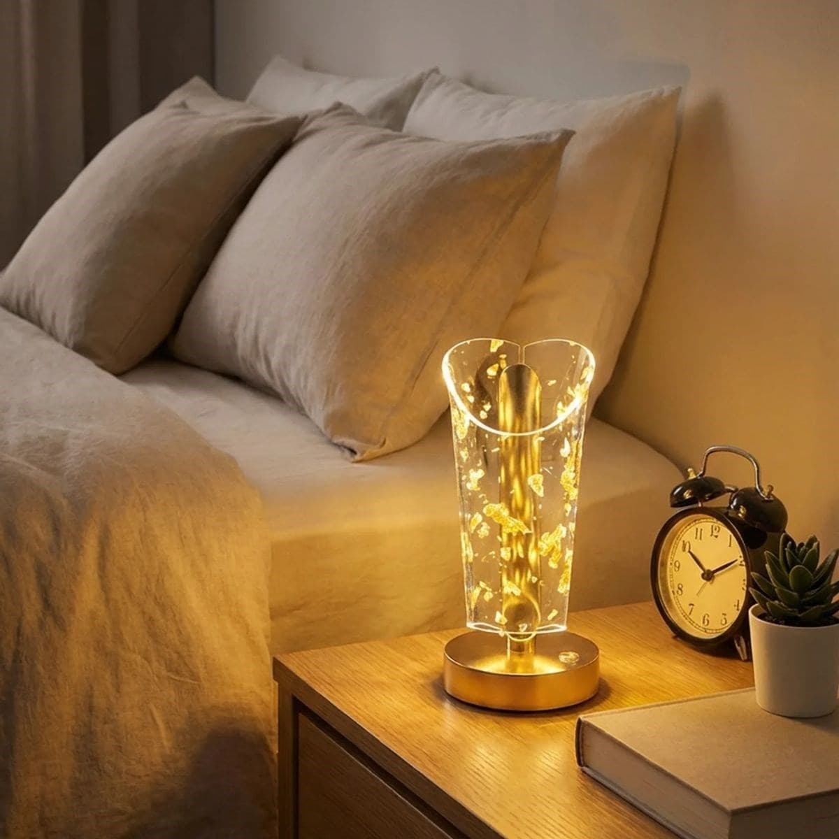 Roichil® Açık Silindirik Kristal Altın Toz Model LED Masa Lambası – Gold Tabanlı, Dokunmatik, 3 Renk Işık Modlu, Şarjlı Modern Dekoratif Gece Lambası